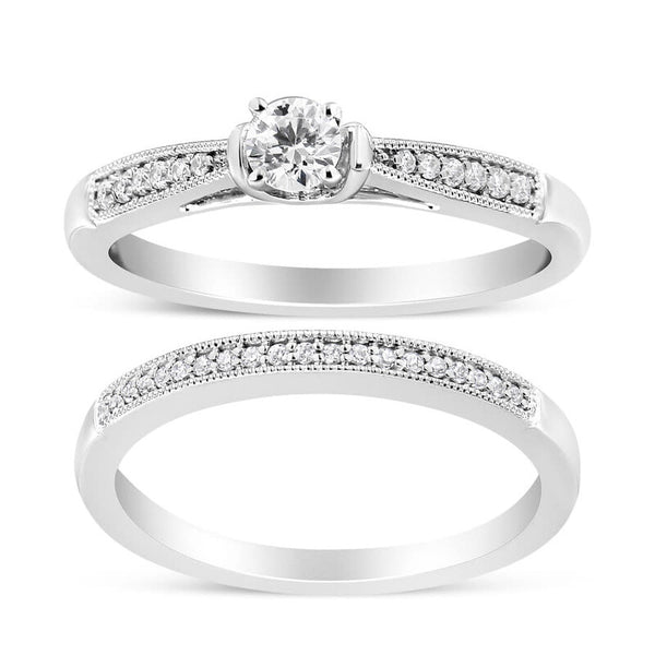 .925 Sterling Silver 1/3 Cttw Diamond Classic Engagement Ring Bridal Set with Milgrain
