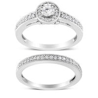 .925 Sterling Silver 1/2 Ctw Diamond Halo and Milgrain Engagement Ring Bridal Set