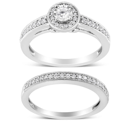 .925 Sterling Silver 1/2 Ctw Diamond Halo and Milgrain Engagement Ring Bridal Set