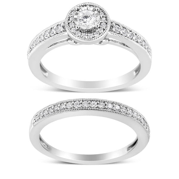 .925 Sterling Silver 1/2 Ctw Diamond Halo and Milgrain Engagement Ring Bridal Set