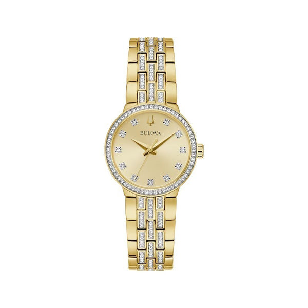 BULOVA Crystal Collection Quartz Champagne Dial Ladies Watch & Cross Gift Set