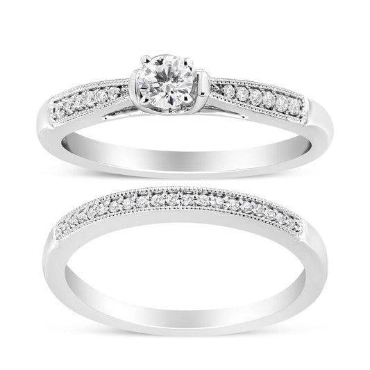.925 Sterling Silver 1/3 Cttw Diamond Classic Engagement Ring Bridal Set with Milgrain