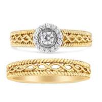 14K Gold Plated .925 Sterling Silver 1/5 Cttw Diamond Halo Engagement Ring and Wedding Band Set