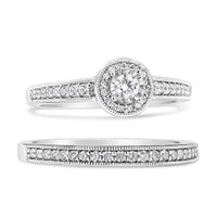 .925 Sterling Silver 1/2 Ctw Diamond Halo and Milgrain Engagement Ring Bridal Set