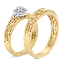 14K Gold Plated .925 Sterling Silver 1/5 Cttw Diamond Halo Engagement Ring and Wedding Band Set