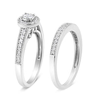 .925 Sterling Silver 1/2 Ctw Diamond Halo and Milgrain Engagement Ring Bridal Set