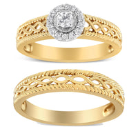 14K Gold Plated .925 Sterling Silver 1/5 Cttw Diamond Halo Engagement Ring and Wedding Band Set