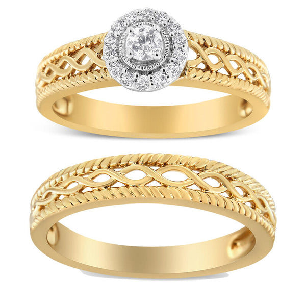 14K Gold Plated .925 Sterling Silver 1/5 Cttw Diamond Halo Engagement Ring and Wedding Band Set